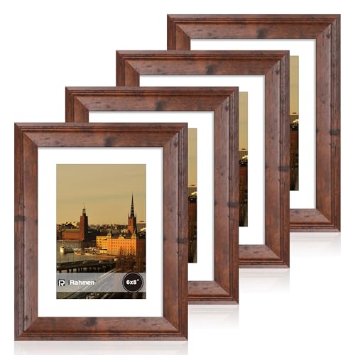 Image of iRahmen 6x8 Vintage Picture Frame with Mat 4x6 - High Definition Real Glass Wooden Photo Frames for Tabletop Display and Wall Mounting (Brown, Set of 4)