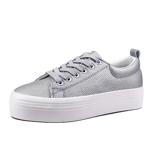 JABASIC Women Lace Up Platform Sneakers Comfortable Casual Fashion Sneaker Walking Shoes (9,Silver)