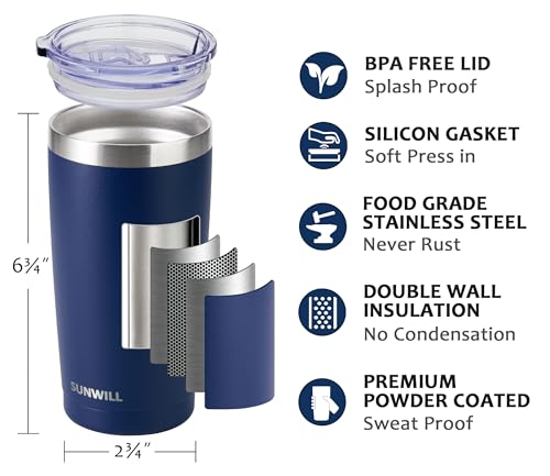Image of SUNWILL Travel Coffee Mug with Lid, 20 oz Tumbler Set of 2, Insulated Stainless Steel Cup for Water, Tea, Powder Coated Wine & Navy
