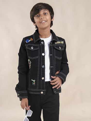 Image of KiddoPanti Boys Denim Jacket | Cotton Poly Blend with Spandex | Washed Denim, Full Sleeve | Button Closure & Front Flap Pockets | Collared Neck