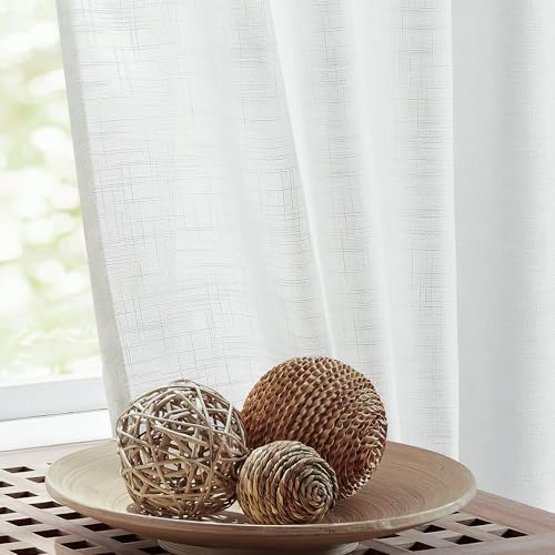 FMFUNCTEX Linen Semi Sheer Curtains for Bedroom, White Curtains 96 Inches Long for Living Room...