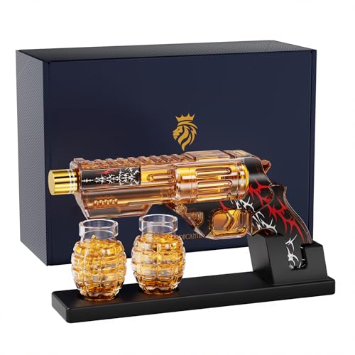 Image of Kollea Whiskey Decanter Set with Grenade-Shaped Shot Glasses, Anniversary Birthday Gifts for Men Who Have Everything, Whiskey Gifts for Father, Husband, Boyfriend & Military Enthusiasts, Red