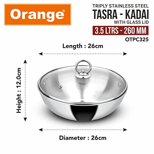 Image of Orange Triply Stainless Steel Tasra /Tasla Kadai with Glass Lid 3.5 litres Capacity (26 cm Diameter) | Heavy Bottom | 2.5mm Thickness | Silver (Induction and Gas Stove Friendly) | 5 Year Warranty