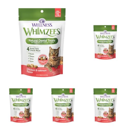 Image of Whimzees Wellness Cat Dental Treats, Freshens Breath, Chicken and Salmon Flavor, Bag 4.5 Ounce (Pack of 5)