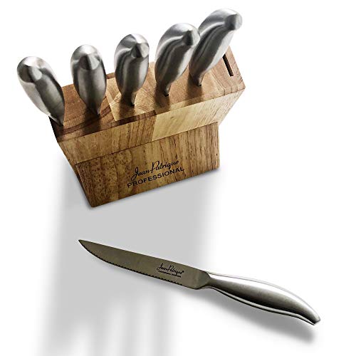Jean-Patrique Kitchen Knife Set with Block - Set of 6 Stainless Steel Knives with Wooden Holder - Dishwasher Safe, Sharp & Rust Resistant
