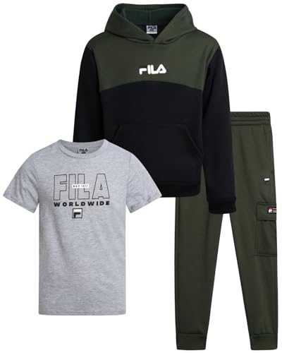 Fila Boys' Active Sweatsuit Set - 3 Piece Performance Hoodie Sweatshirt, Jogger Sweatpants, T-Shirt - Activewear Set (8-12)