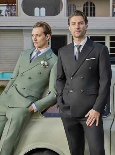 WULFUL Men's Suits Slim Fit 2 Piece Double Breasted Suit Men Tuxedo Blazer Jacket and Dress Pants Set for Business Wedding