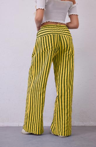 Image of MISSACTIVER Women Drawstring Striped Pants Loose Wide Leg Trousers Casual Low Waist Pants Comfy Lounge Pants with Pockets