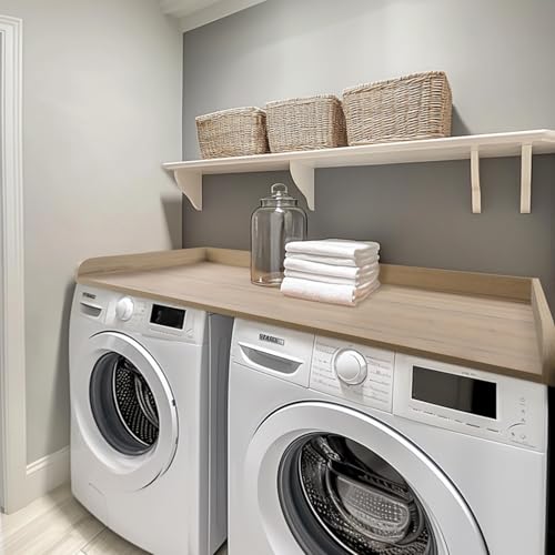 Kaboon Washer Dryer Countertop 58" x 28" Extra Large Version, Melamine Countertop with 3.5" Edge Rails, Laundry Room Organization, Oak(Grey Tone)