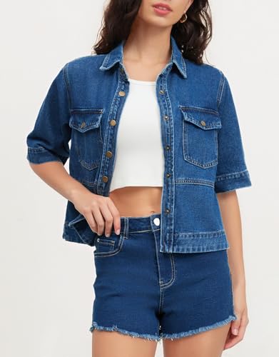 Ladyful Short Sleeve Denim Jacket for Women Lightweight Cropped Button Summer Down Jean Jacket Coat2