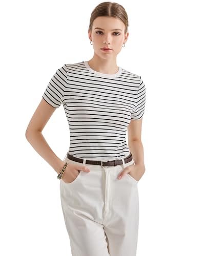 SUUKSESS Women Ribbed Striped Short Sleeve Slim Fit Tops Summer Crew Neck Color Block Going Out T Shirt