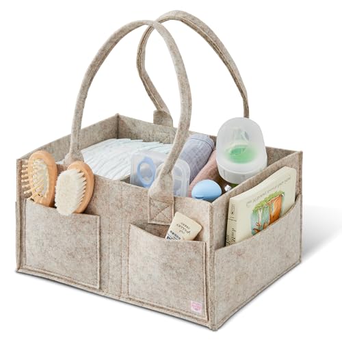 Ciuifoiy Upgraded Baby Diaper Caddy Organizer Portable Nursery Storage Bin with Handle Side Pockets Car Organizer for Diapers and Baby Wipes Essentials Registry Gift Baskets (Small-Oatmeal)