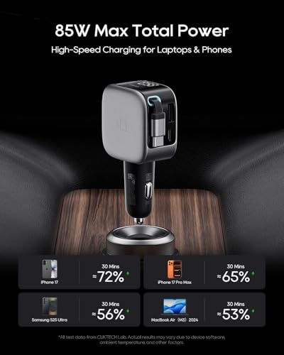 CUKTECH 85W USB-C Car Charger, Built-in 65W Retractable Cable, LED Display - image 2