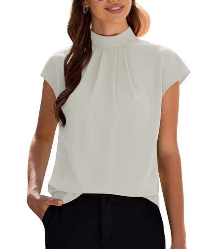 Image of Funlingo Womens Summer Tops Mock Neck Short Cap Sleeve Blouses Business Casual Work Chiffon Shirts Front Pleated Tunic Top