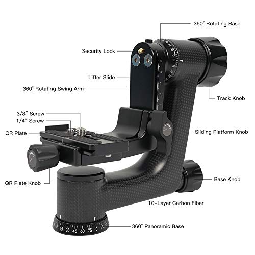 Image of SIRUI PH-10 Gimbal Tripod Head Lightweight Professional Carbon Fiber 360 Degree Panoramic Gimbal Head with Arca-Swiss Standard 1 /4 inch Quick Release Plate for DSLR Cameras Max Loading Up to 33 lbs /15kgs | 10-Layer Carbon Fiber, 360 Rotating Swing Arm, Adjustable Quick Release Plate, Lift Slide, 1 /4 inch-20 3 /8 inch-16 Screws, Wildlife
