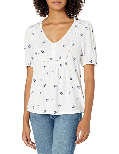Lucky Brand Women's Short Sleeve V Neck Allover Embroidered Peasant Top, Bright White, M