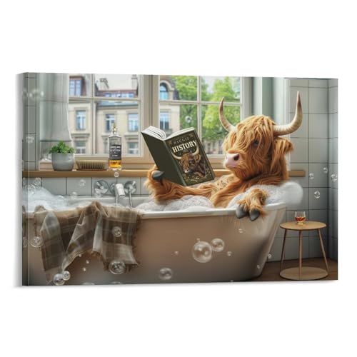 Tableau sur toile Highland Cow in Bath Tub pour salon et décoration murale