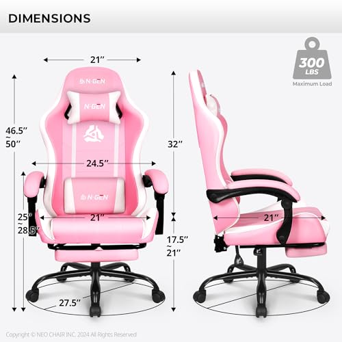 Image of N-GEN GAMING Gaming Chair with Footrest, Lumbar, High-Back, Pink White | Reclining Backrest, Linkage Armrests, Durable PU Leather, Adjustable Comfort for Extended Computer, Desk, or Home Office Use