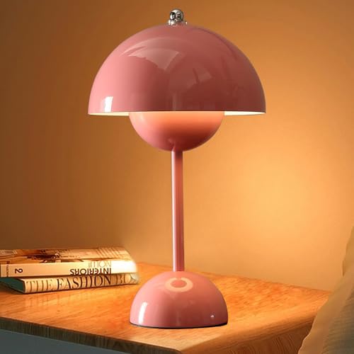 MeYuxg Pilz Lampe, Flowerpot Lampe Mit 3 Helligkeitsmodi, LED Tischleuchte Kabellos, Tischlampe Dimmbar, Akku Aufladbar für Schlafzimmer, Büro, Restaurants (Rosa)