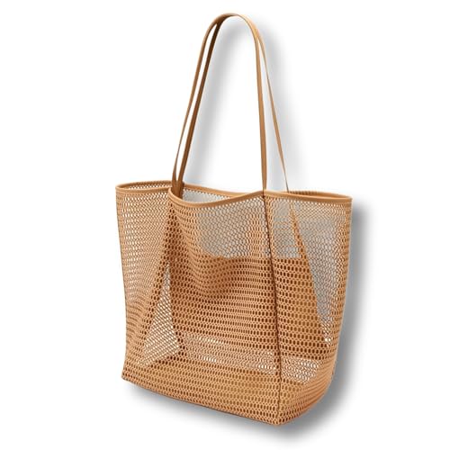 dellyy Borsa Mare Donna Grande, Tasca Interna con Cerniera, 35*17*37cm Pieghevole Borsa da Spiaggia In Rete, Borsa Mare Grande Xxl Famiglia, per Vacanze, Picnic Spiaggia e l'Uso Quotidiano (marrone)