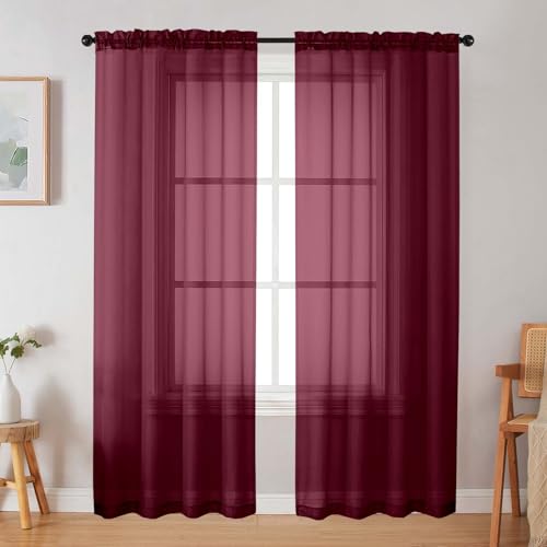 WelvetBLK Burgundy Sheer Curtain for Bedroom Living Room 72 Inches Long 2 Panels Set, Solid Soft Airy Light Filtering Sheer Window Curtains, Modern Rod Pocket Door Curtain, Burgundy, 42" Wx72 L Inches