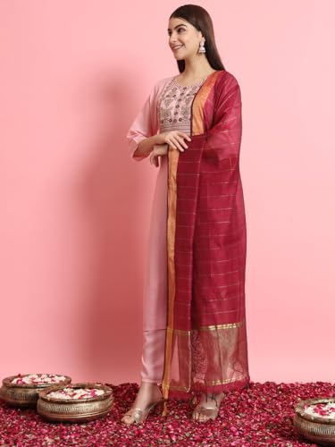 Image of VredeVogel Women's Silk Blend Embroidered Kurta with Pant & Viscose Print Dupatta Set