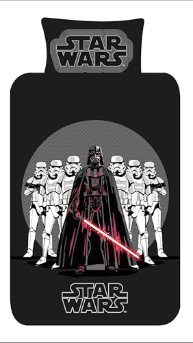 Disney Star Wars Single Duvet Cover & Pillowcase Set – Reversible Bedding with Darth Vader & Stormtroopers – Official Boys Kids Polycotton Bed Linen – Black & Grey – 135x200cm (SINGLE)
