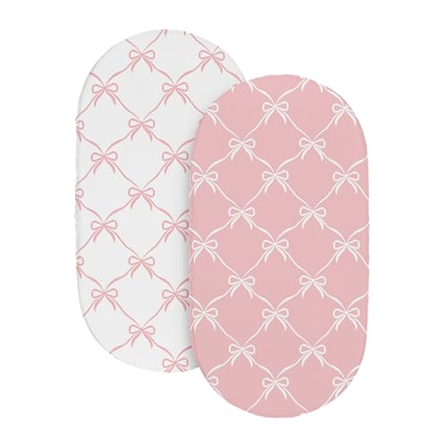 Image of Sweet Jojo Designs 2-Piece Baby Bassinet Sheets Set (White /Pink Bows) for Girls, Infant Newborn Nursery, Oval, Rectangle & Hourglass Mattress (Blush Bow, Coquette, Shabby Chic, Vintage Ballet, Dancer)