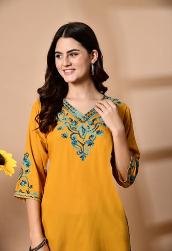 Image of LIBOZA Embroidered Kashmiri Tunic Top, Short Kurti for Women on Jeans, V-Neck, 3 /4 Sleeve, Floral Design,