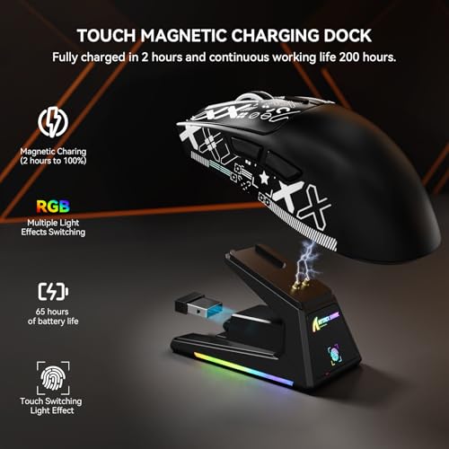 Image of X1 Superlight Wireless Gaming Mouse with RGB Magnetic Charging Dock, BT /2.4G Wireless /Wired Gaming Mouse, PAW3395PRO Gaming Sensor, 40000DPI, Tape, 53g Office Mice for PC /Mac /Win /Xbox (Black)