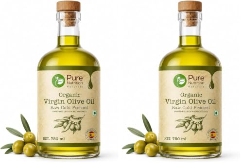 Image of PURE NUTRITION NATURAL TREASURES Organic Extra Virgin Olive Oil 750ml Glass Bottle - 100% Pure, Cold-Pressed In Glass Bottle|Ideal For Salad Dressings, Sauteing & Drizzling (Pack of 2)