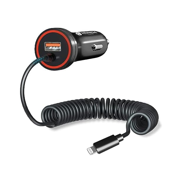 HUNDA iPhone Car Charger 48W Super Fast Car Phone Charger Cigarette Lighter USB Car Adapter with Build-in 5FT Coiled Lightning Cable Compatible with Apple iPhone 14/13/12/11/XR/Max, iPad