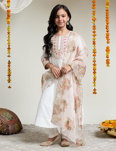 Image of Amazon Brand - Symbol Girl's Rayon Ethnic Wear Embroidered Kurta Set with Net Dupatta
