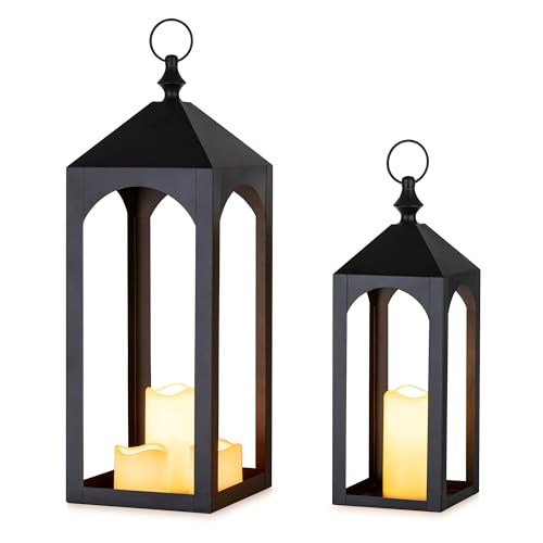 Large Outdoor Lanterns for Porch: 23″ & 17″ Set of 2 Floor Lantern Decorative Indoor Candle Holder for Fireplace Front Porch Patio Modern Home Decor