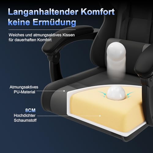JUMMICO Gaming Stuhl mit Massagefunktion, Bürostuhl Ergonomisch 150kg, Gamer Stuhl mit 50 cm Extrabreites Sitzkissen, Gray