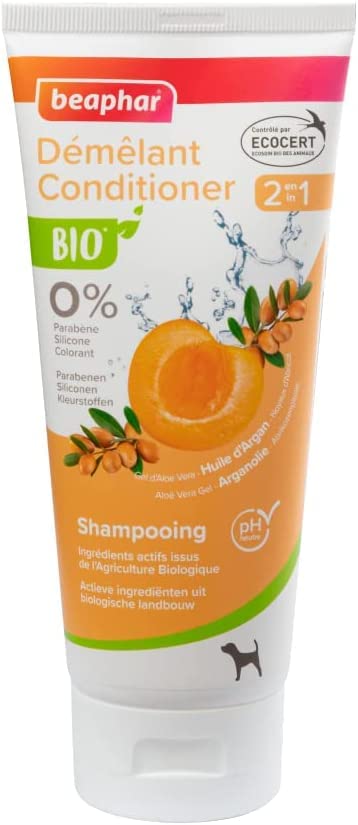 BEAPHAR – Shampoing Démêlant 2 en 1 labellisé ECOCERT pour chien – Contient de l'Aloe Vera, de l'huile d'Argan et de l'abricot Bio – pH neutre – Sans parabène/silicone/colorant et sans alcool – 200 ML