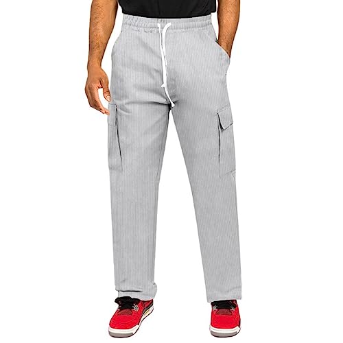 Mens Corduroy Pants Straight Leg Casual Cargo Pants Solid Color Elastic Waist Drawstring Sweatpants with Pockets