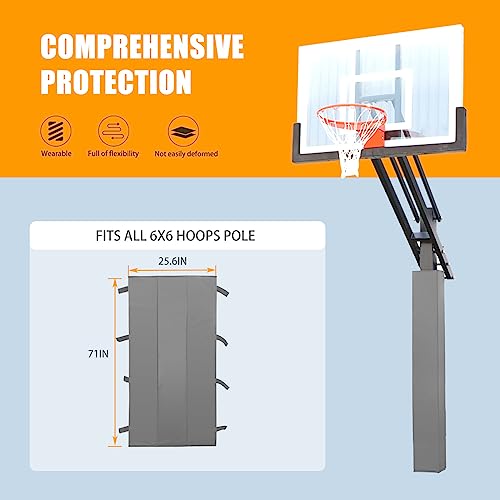 MegaGreen Grey Basketball Pole Pad 72\" Tall and 2\" Thick Fits 6x6 Inch Pole All-Weather Durable UV-Resistant Waterproof Square Basketball Pole Padding for Player Protection and Safety