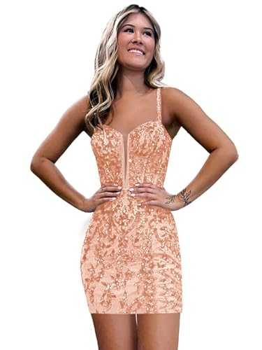 Sequin Lace Tight Homecoming Dresses for Teens Spaghetti Straps V Neck Short Prom Dress Mini Cocktail Gown