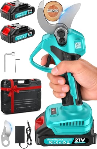 Tijeras de Podar Eléctricas, 21V Motor Sin Escobillas,33mm Tijeras de Podar Bateria con 2 x 2 Ah Baterías,Pantalla LCD y SK7 Cuchillas, Ligera Tijeras Podar para Jardinería, Árboles Frutales, Rosales