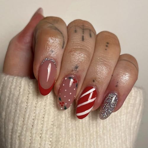 24 PCS Press on Nails Christmas Fake Nails Red and White Striped Fake Nails Red Fruit Fake Nails Medium Fake Nails Gifts for Women and Girls (No.25)