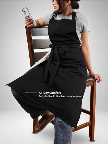 Image of Kitchen Apron - 100% Cotton, Adjustable Neck strap, Large Pocket - Unisex Apron for Men & Women - Cooking, Baking, BBQ, Gardening - Solid Colours, Striped and Checkered Patterns