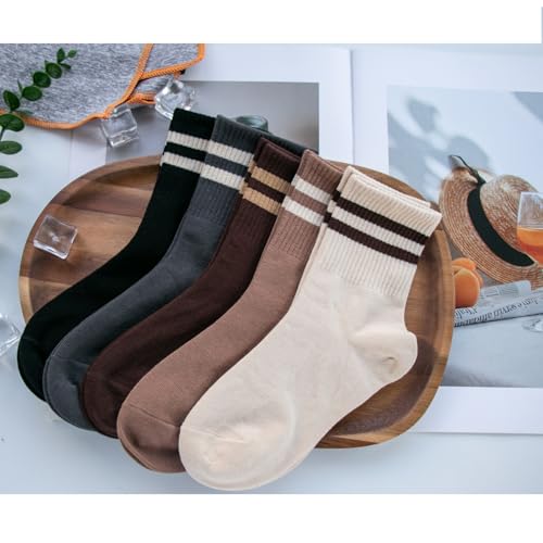 Image of Deeorla Womens Striped Crew Socks Brown Vintage Retro Athletic Socks 5 Pairs