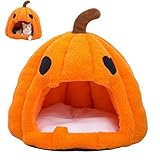 Halloween Cat Bed, Cute Halloween Pumpkin Cat Bed with Removable Cushion, Warm Cats Beds Cave Nest Sleeping Beds Puppy House for Small Cats & Dogs (Orange 16Inch)