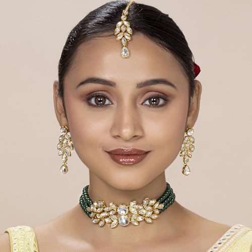 Image of Peora Gold Plated Bridal Crystal Pearl Choker Necklace with Drop Earrings Traditional Jewellery Set for Women