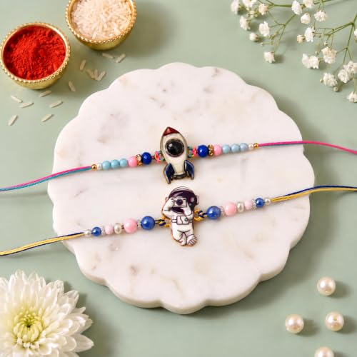 Image of CraftVatika Set of 2 Rakhi for Kids Brother, Rakhi Set for Brother Boys Girls Baby Kids, Cartoon Designer rakhis for Children, Rakshabandhan Combo with Greeting Card Tilakk, Raksha Sutra for Child