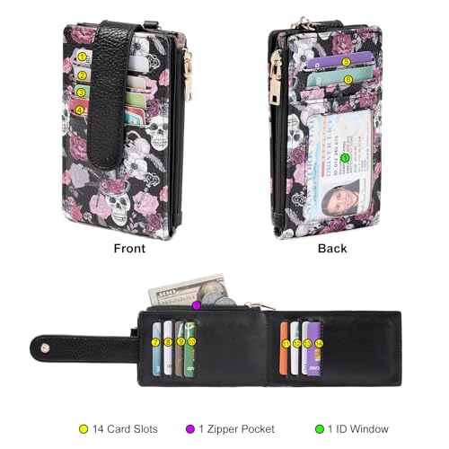 Image of GOIACII RFID Slim Card Holder Wallet with ID Window Thin Bifold Wallet for Womens Zipper Coin Pocket Goth Skull & ROSE
