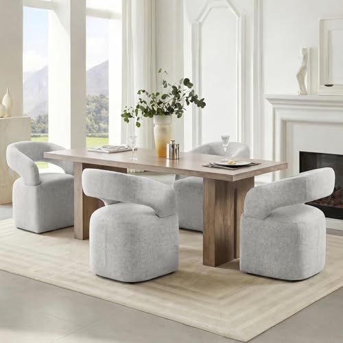 Image of KISLOT Upholstered Dining Chairs Set of 4, Modern Arm Kitchen & Dining Room Chairs with Hidden Casters, Linen Fabric Padded Rolling Chairs, Sturdy Wood Frame, 300 lbs Capacity, Light Grey
