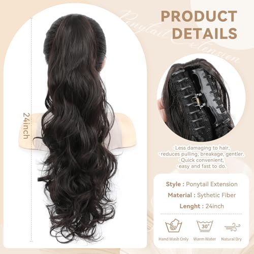 Image of 24 inch Ponytail Extension, Long Curly Wavy Claw Clip and Natural-Looking Synthetic Hairpiece, Voluminous Pony TailHair Extensions for Women Daily Wear. (Dark Brown, 24Inch)