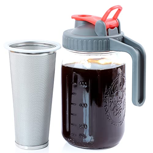 Cold Brew Coffee Maker Mason Jar Wide Mouth Iced Coffee Pitcher 32 Oz Coffee Container With Stainless Steel Coffee Filter For Iced Brew Coffee, Sun Tea, Lemonade, Iced Tea And Homemade Drinks #TOP4